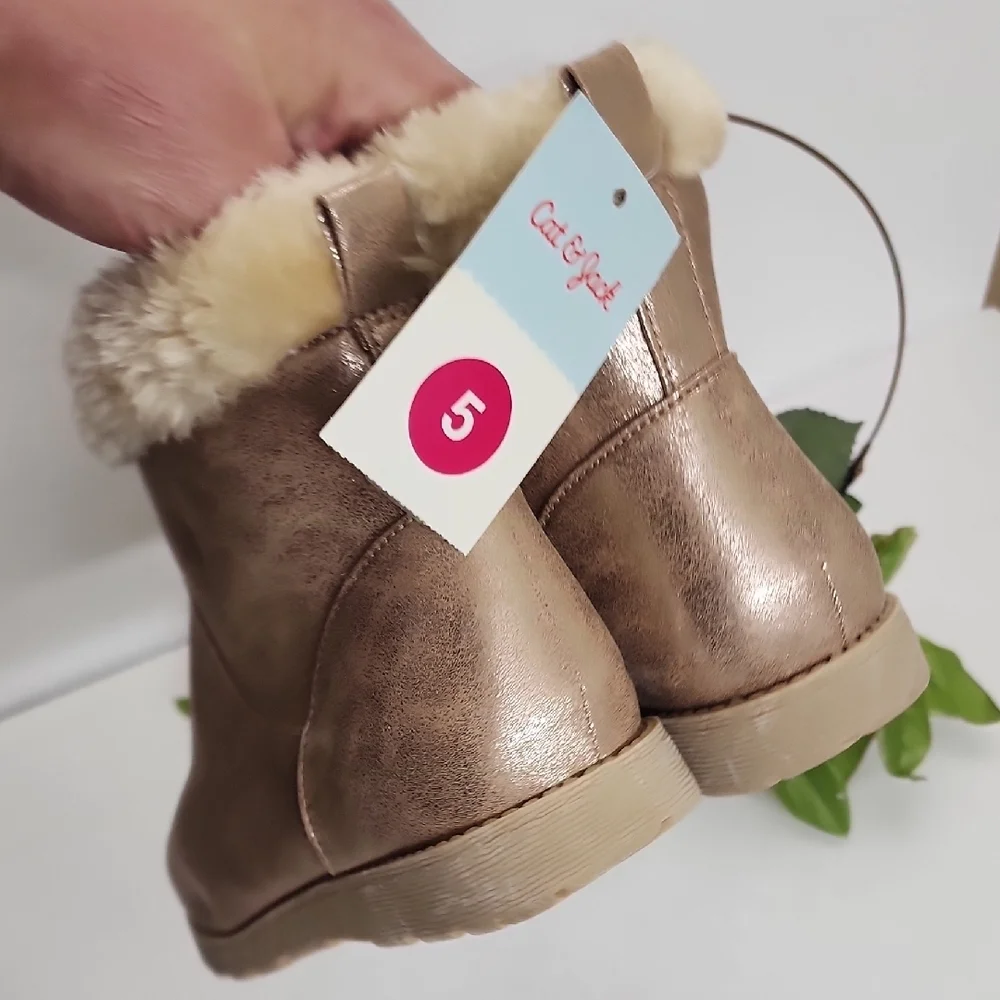 Women's Metallic Tan Faux-Fur Ankle Boots